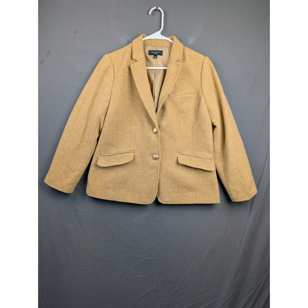 Talbots Petite Wool Blend Herringbone Blazer Camel Tan Gold Button 14P